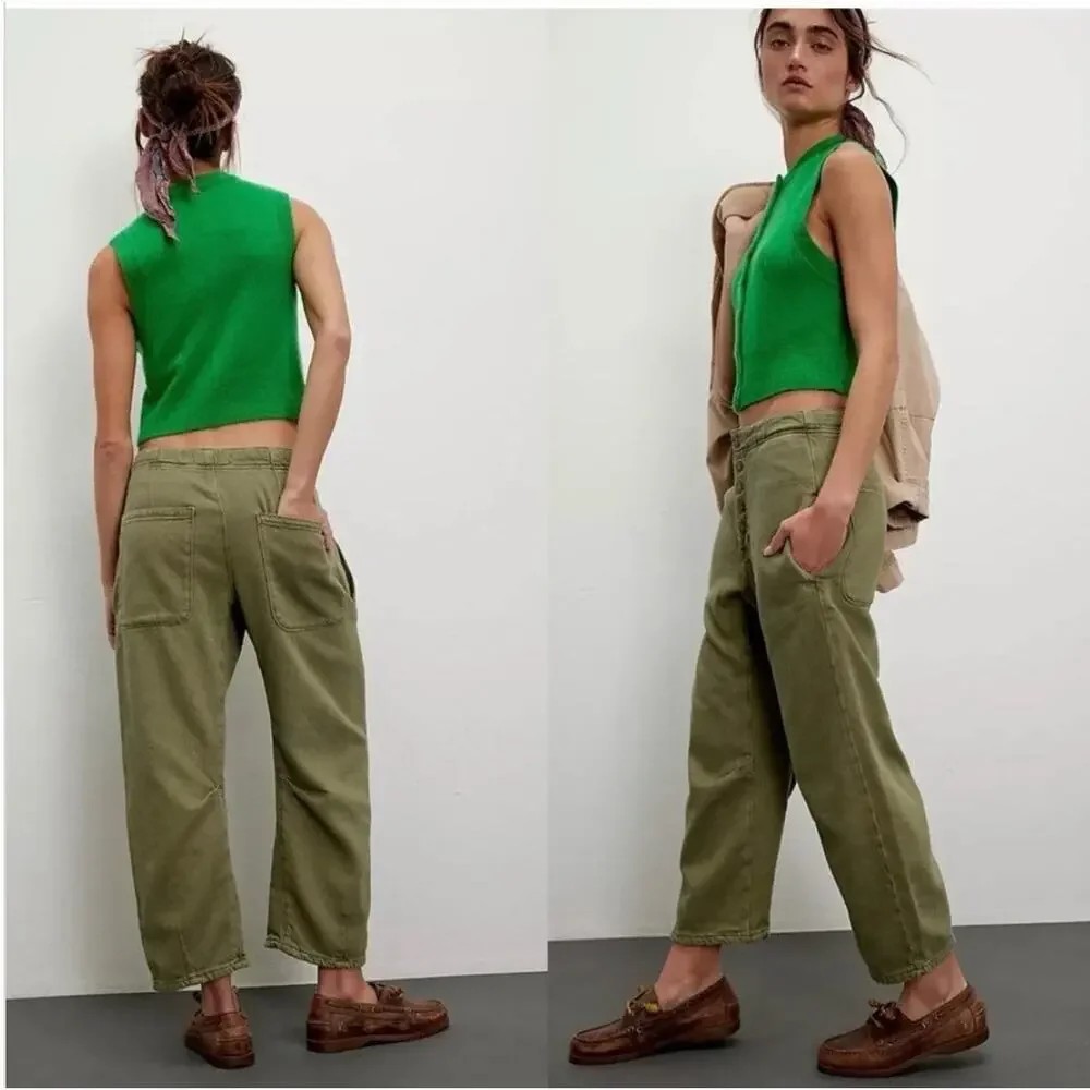 Free People We The Free Osaka Barrel Mid Rise Barrel Pants Olive Green Size 27